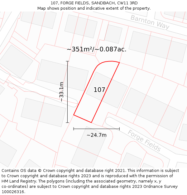 107, FORGE FIELDS, SANDBACH, CW11 3RD: Plot and title map