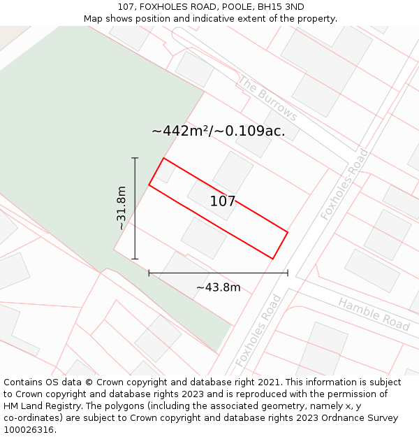 107, FOXHOLES ROAD, POOLE, BH15 3ND: Plot and title map