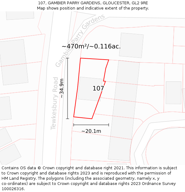 107, GAMBIER PARRY GARDENS, GLOUCESTER, GL2 9RE: Plot and title map