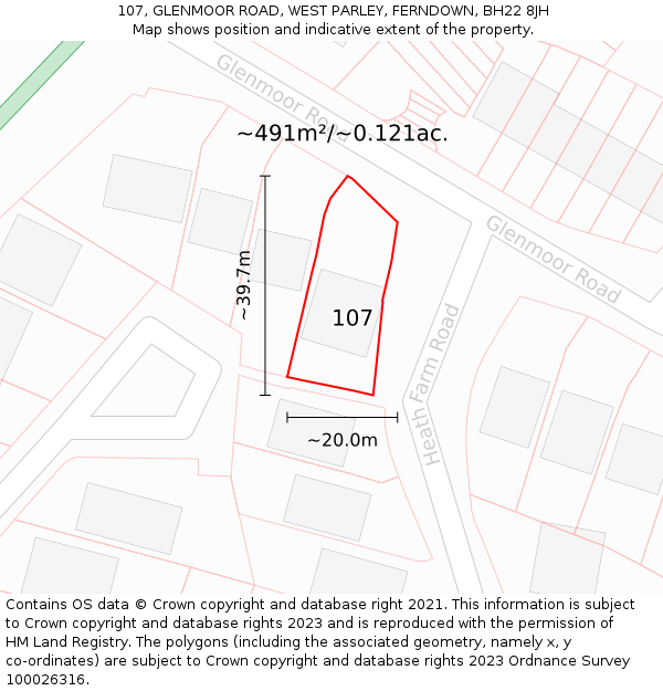 107, GLENMOOR ROAD, WEST PARLEY, FERNDOWN, BH22 8JH: Plot and title map