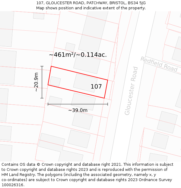107, GLOUCESTER ROAD, PATCHWAY, BRISTOL, BS34 5JG: Plot and title map