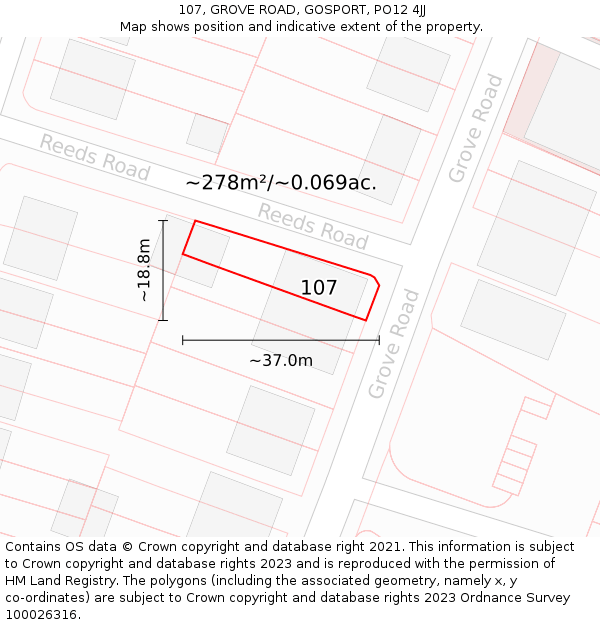 107, GROVE ROAD, GOSPORT, PO12 4JJ: Plot and title map