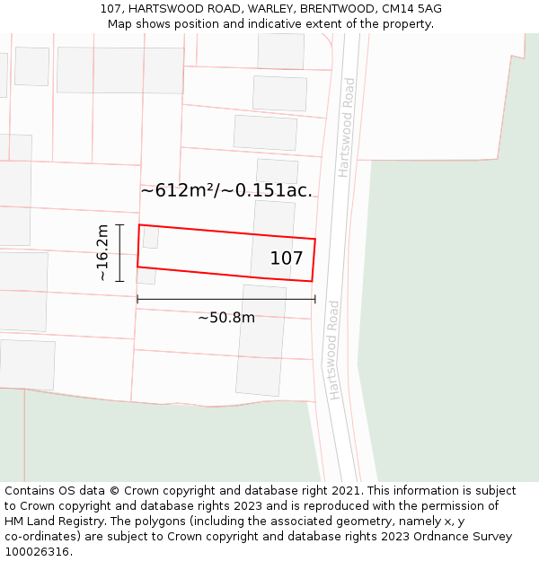 107, HARTSWOOD ROAD, WARLEY, BRENTWOOD, CM14 5AG: Plot and title map