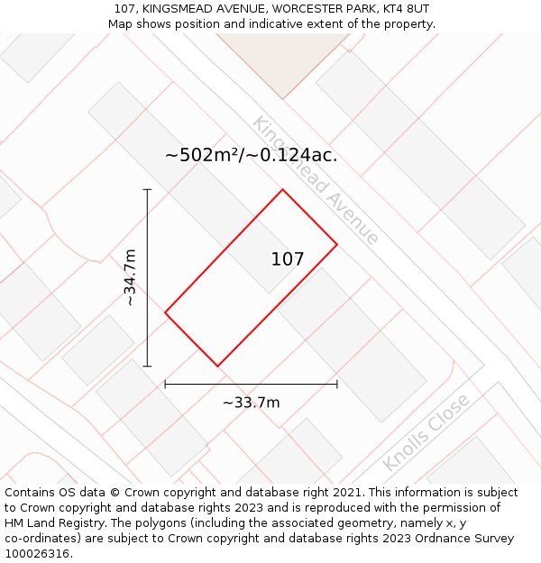 107, KINGSMEAD AVENUE, WORCESTER PARK, KT4 8UT: Plot and title map