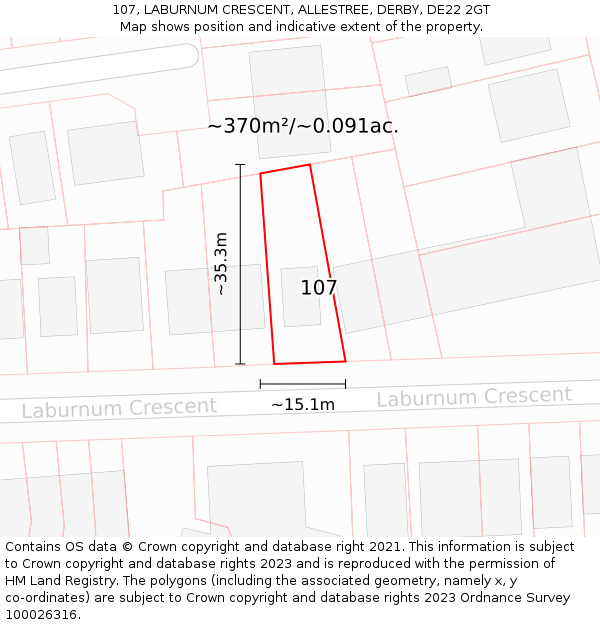 107, LABURNUM CRESCENT, ALLESTREE, DERBY, DE22 2GT: Plot and title map