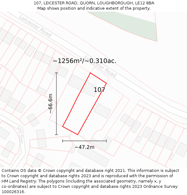 107, LEICESTER ROAD, QUORN, LOUGHBOROUGH, LE12 8BA: Plot and title map