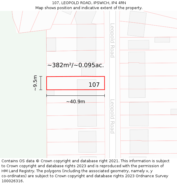 107, LEOPOLD ROAD, IPSWICH, IP4 4RN: Plot and title map