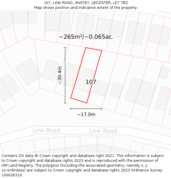 107, LINK ROAD, ANSTEY, LEICESTER, LE7 7BZ: Plot and title map