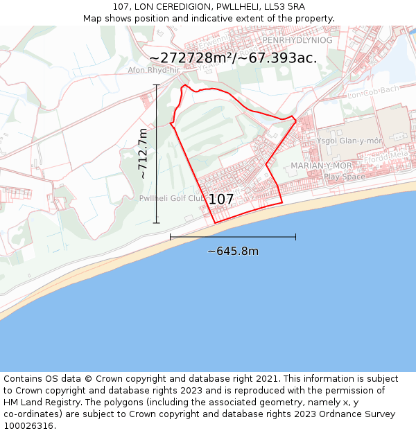 107, LON CEREDIGION, PWLLHELI, LL53 5RA: Plot and title map