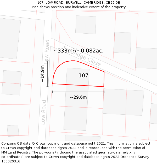 107, LOW ROAD, BURWELL, CAMBRIDGE, CB25 0EJ: Plot and title map