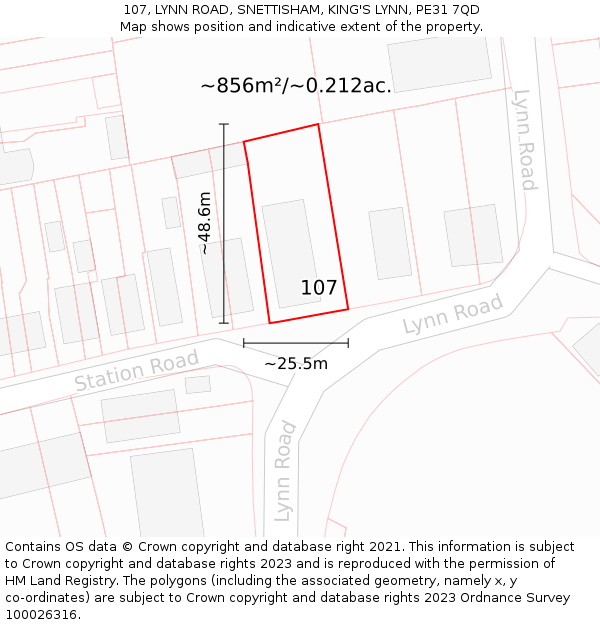 107, LYNN ROAD, SNETTISHAM, KING'S LYNN, PE31 7QD: Plot and title map