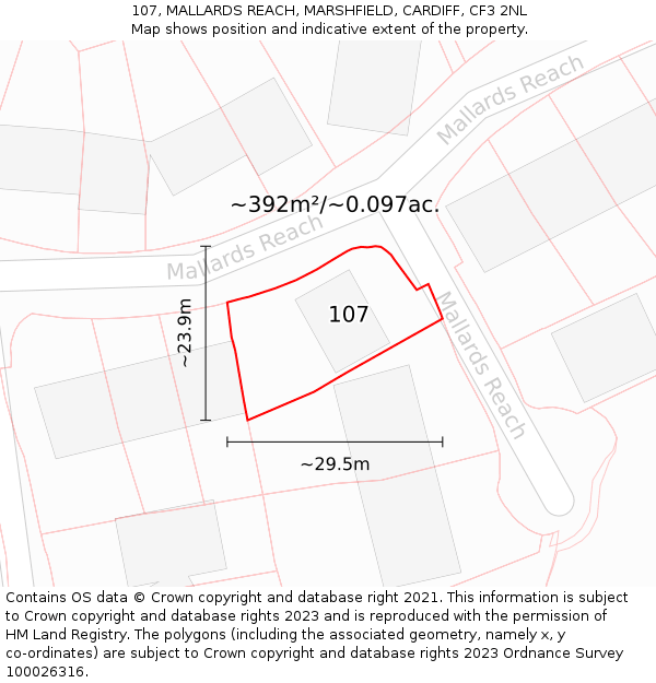 107, MALLARDS REACH, MARSHFIELD, CARDIFF, CF3 2NL: Plot and title map