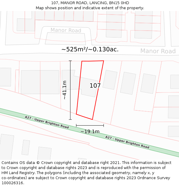 107, MANOR ROAD, LANCING, BN15 0HD: Plot and title map
