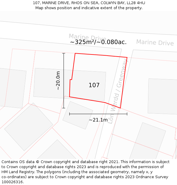 107, MARINE DRIVE, RHOS ON SEA, COLWYN BAY, LL28 4HU: Plot and title map