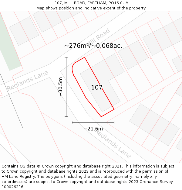 107, MILL ROAD, FAREHAM, PO16 0UA: Plot and title map