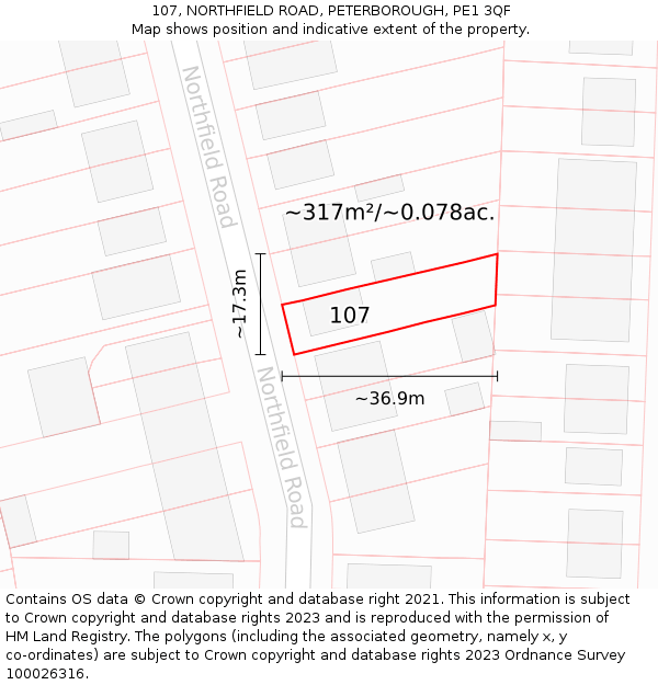107, NORTHFIELD ROAD, PETERBOROUGH, PE1 3QF: Plot and title map