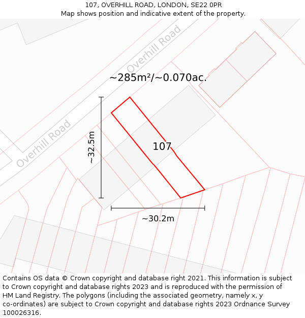 107, OVERHILL ROAD, LONDON, SE22 0PR: Plot and title map