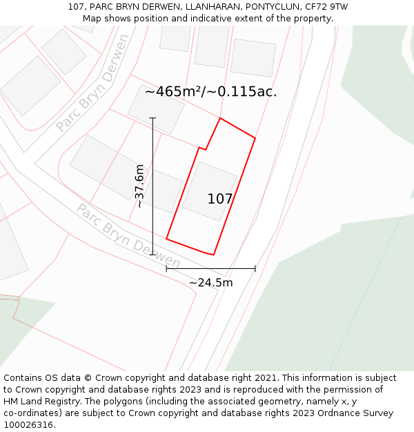 107, PARC BRYN DERWEN, LLANHARAN, PONTYCLUN, CF72 9TW: Plot and title map