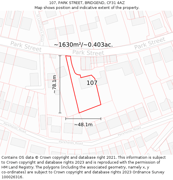 107, PARK STREET, BRIDGEND, CF31 4AZ: Plot and title map