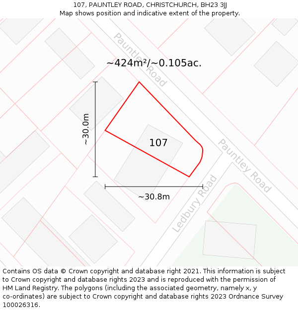 107, PAUNTLEY ROAD, CHRISTCHURCH, BH23 3JJ: Plot and title map