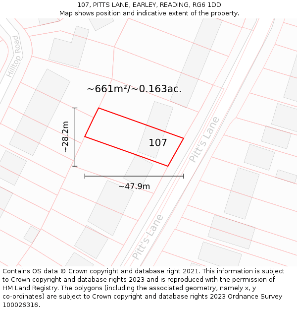 107, PITTS LANE, EARLEY, READING, RG6 1DD: Plot and title map