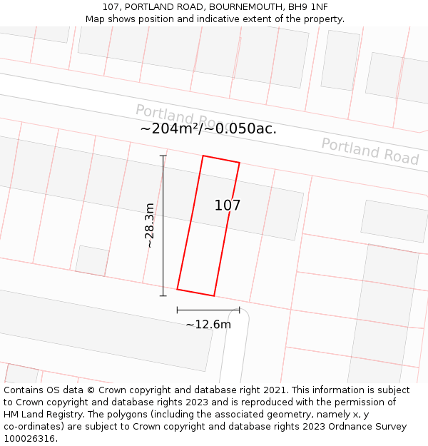 107, PORTLAND ROAD, BOURNEMOUTH, BH9 1NF: Plot and title map