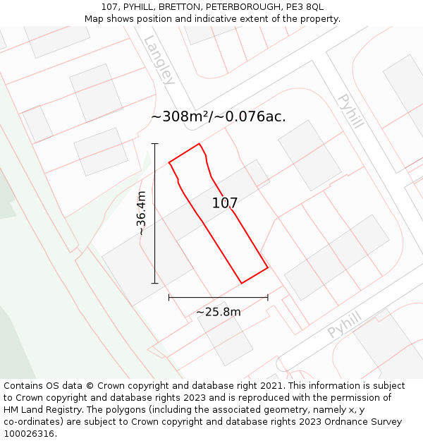 107, PYHILL, BRETTON, PETERBOROUGH, PE3 8QL: Plot and title map