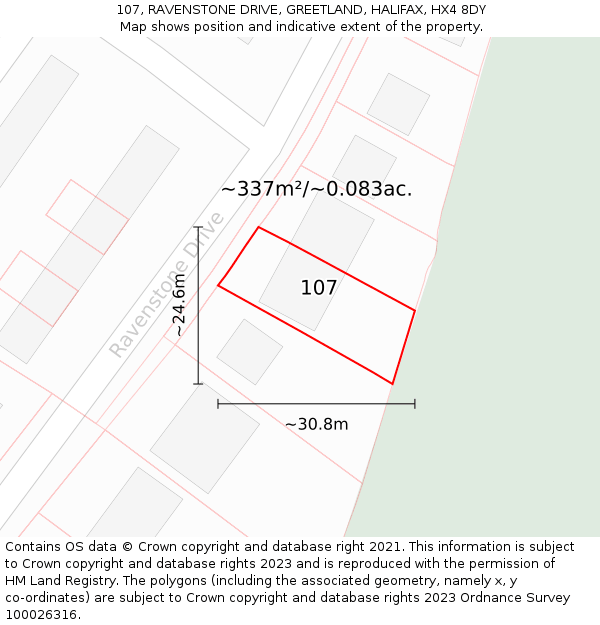 107, RAVENSTONE DRIVE, GREETLAND, HALIFAX, HX4 8DY: Plot and title map