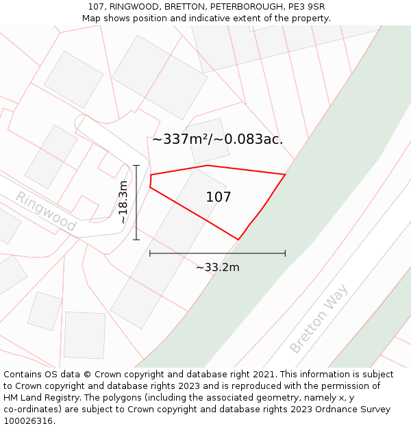 107, RINGWOOD, BRETTON, PETERBOROUGH, PE3 9SR: Plot and title map