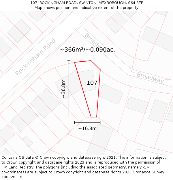 107, ROCKINGHAM ROAD, SWINTON, MEXBOROUGH, S64 8EB: Plot and title map