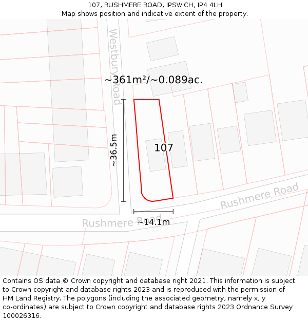 107, RUSHMERE ROAD, IPSWICH, IP4 4LH: Plot and title map