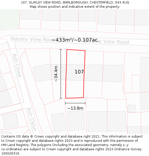 107, SLAYLEY VIEW ROAD, BARLBOROUGH, CHESTERFIELD, S43 4UQ: Plot and title map
