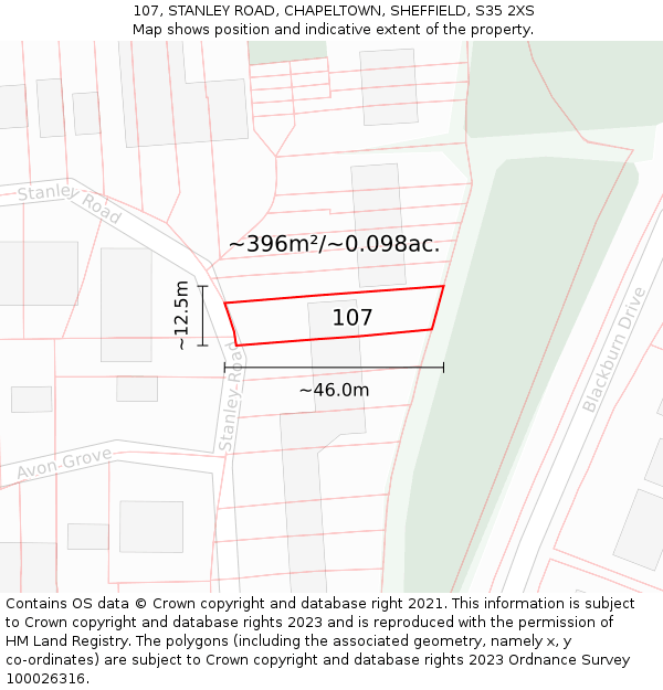 107, STANLEY ROAD, CHAPELTOWN, SHEFFIELD, S35 2XS: Plot and title map