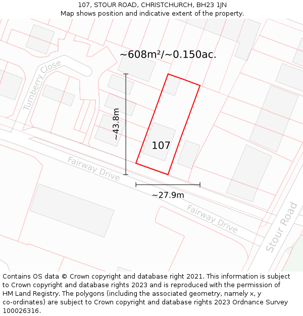 107, STOUR ROAD, CHRISTCHURCH, BH23 1JN: Plot and title map