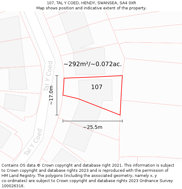 107, TAL Y COED, HENDY, SWANSEA, SA4 0XR: Plot and title map