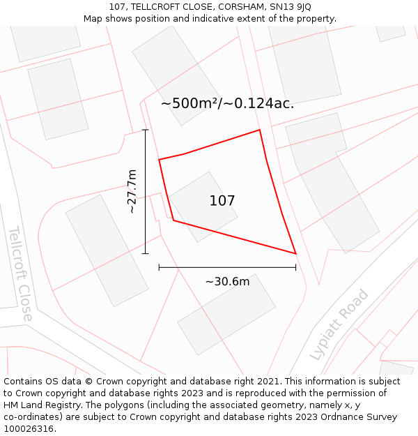 107, TELLCROFT CLOSE, CORSHAM, SN13 9JQ: Plot and title map
