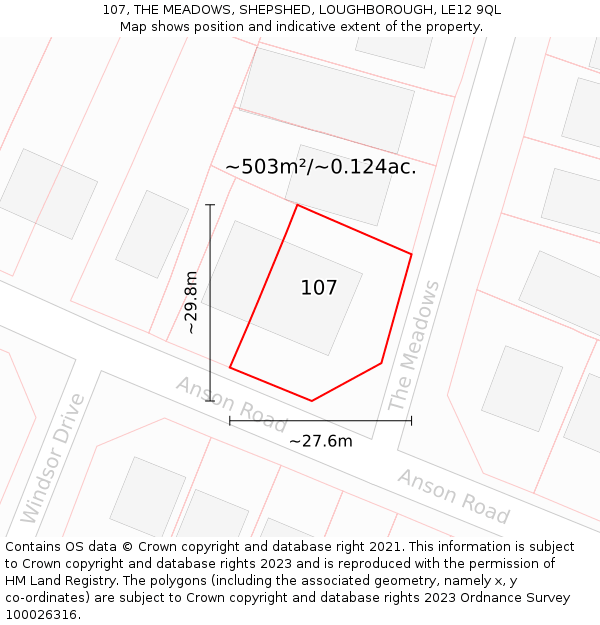 107, THE MEADOWS, SHEPSHED, LOUGHBOROUGH, LE12 9QL: Plot and title map