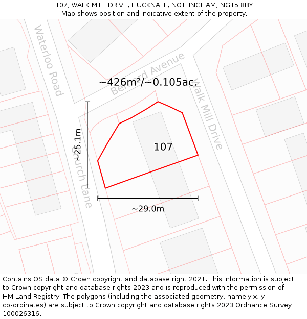107, WALK MILL DRIVE, HUCKNALL, NOTTINGHAM, NG15 8BY: Plot and title map