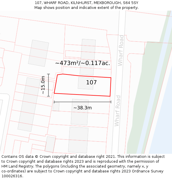 107, WHARF ROAD, KILNHURST, MEXBOROUGH, S64 5SY: Plot and title map