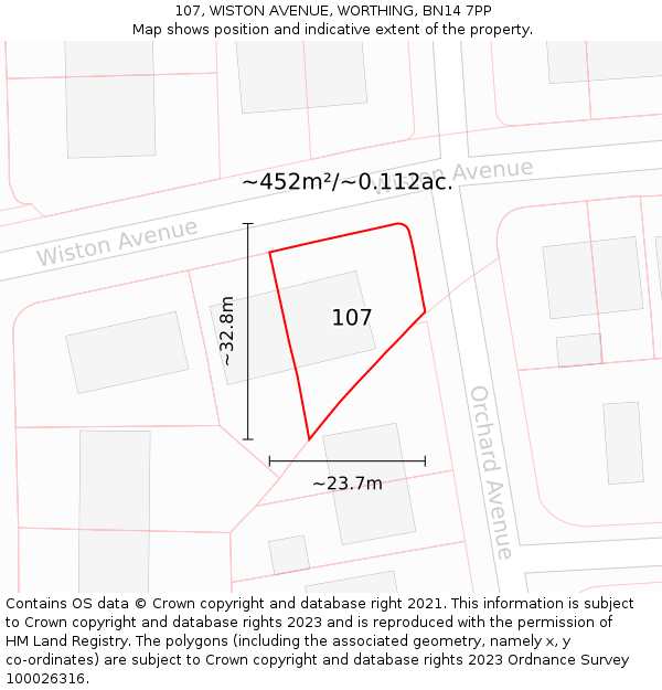 107, WISTON AVENUE, WORTHING, BN14 7PP: Plot and title map