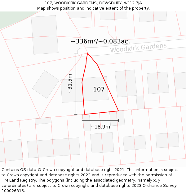 107, WOODKIRK GARDENS, DEWSBURY, WF12 7JA: Plot and title map