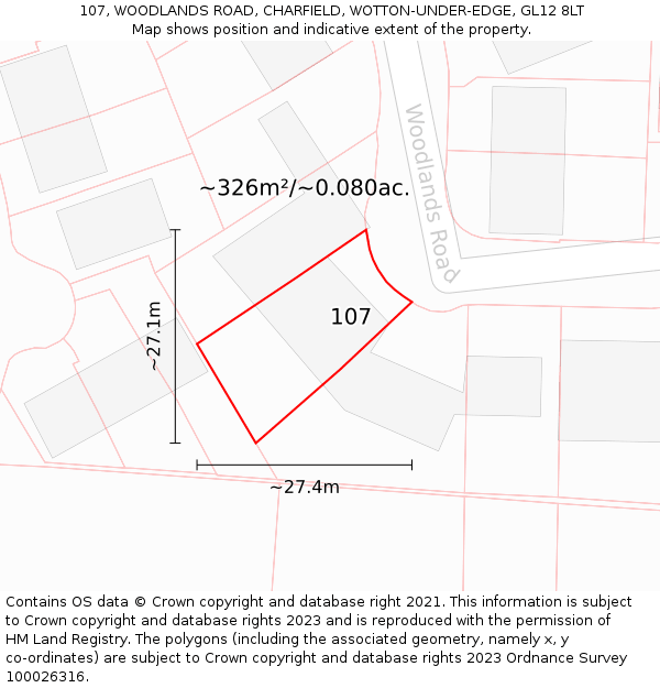 107, WOODLANDS ROAD, CHARFIELD, WOTTON-UNDER-EDGE, GL12 8LT: Plot and title map