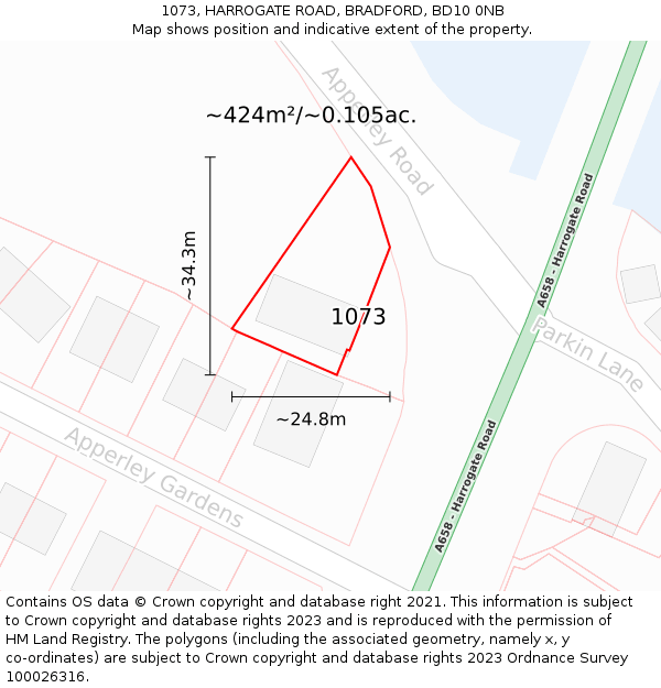 1073, HARROGATE ROAD, BRADFORD, BD10 0NB: Plot and title map