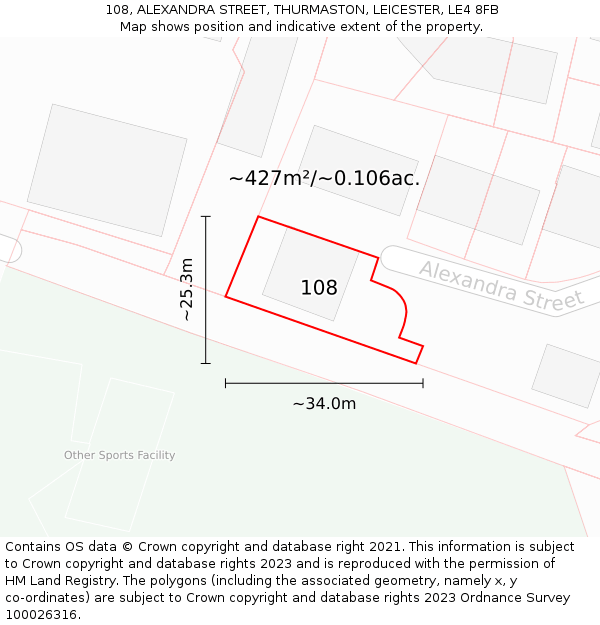 108, ALEXANDRA STREET, THURMASTON, LEICESTER, LE4 8FB: Plot and title map