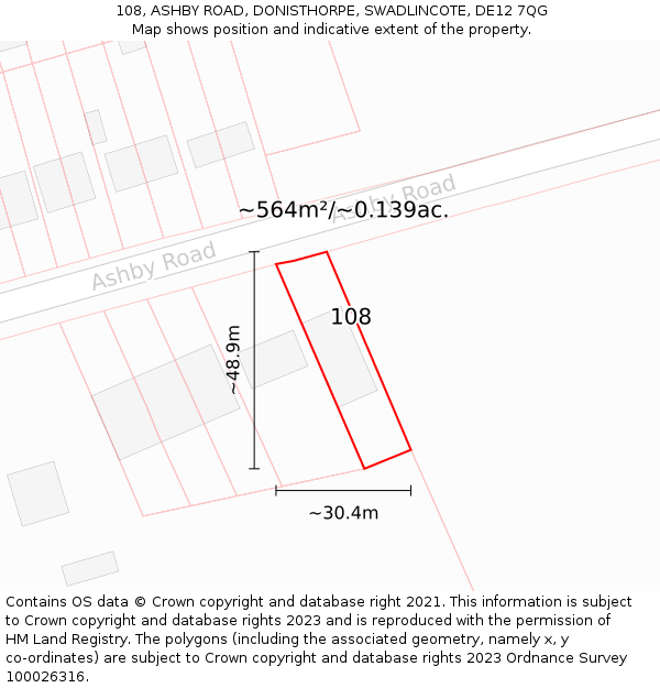 108, ASHBY ROAD, DONISTHORPE, SWADLINCOTE, DE12 7QG: Plot and title map