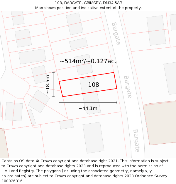 108, BARGATE, GRIMSBY, DN34 5AB: Plot and title map