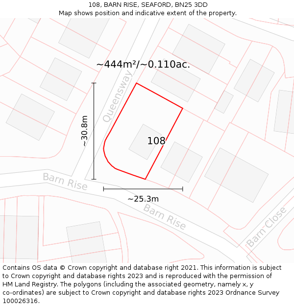 108, BARN RISE, SEAFORD, BN25 3DD: Plot and title map