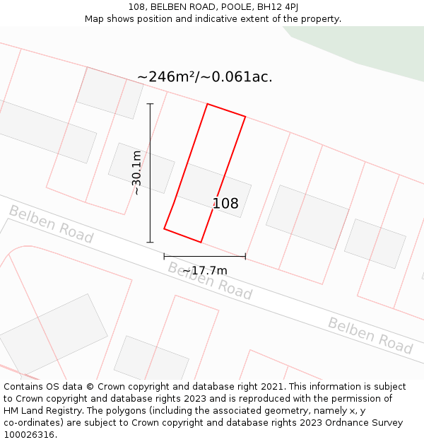 108, BELBEN ROAD, POOLE, BH12 4PJ: Plot and title map