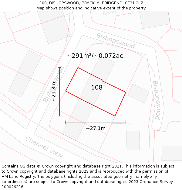 108, BISHOPSWOOD, BRACKLA, BRIDGEND, CF31 2LZ: Plot and title map