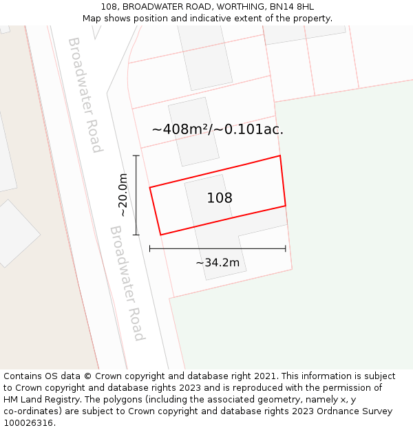 108, BROADWATER ROAD, WORTHING, BN14 8HL: Plot and title map